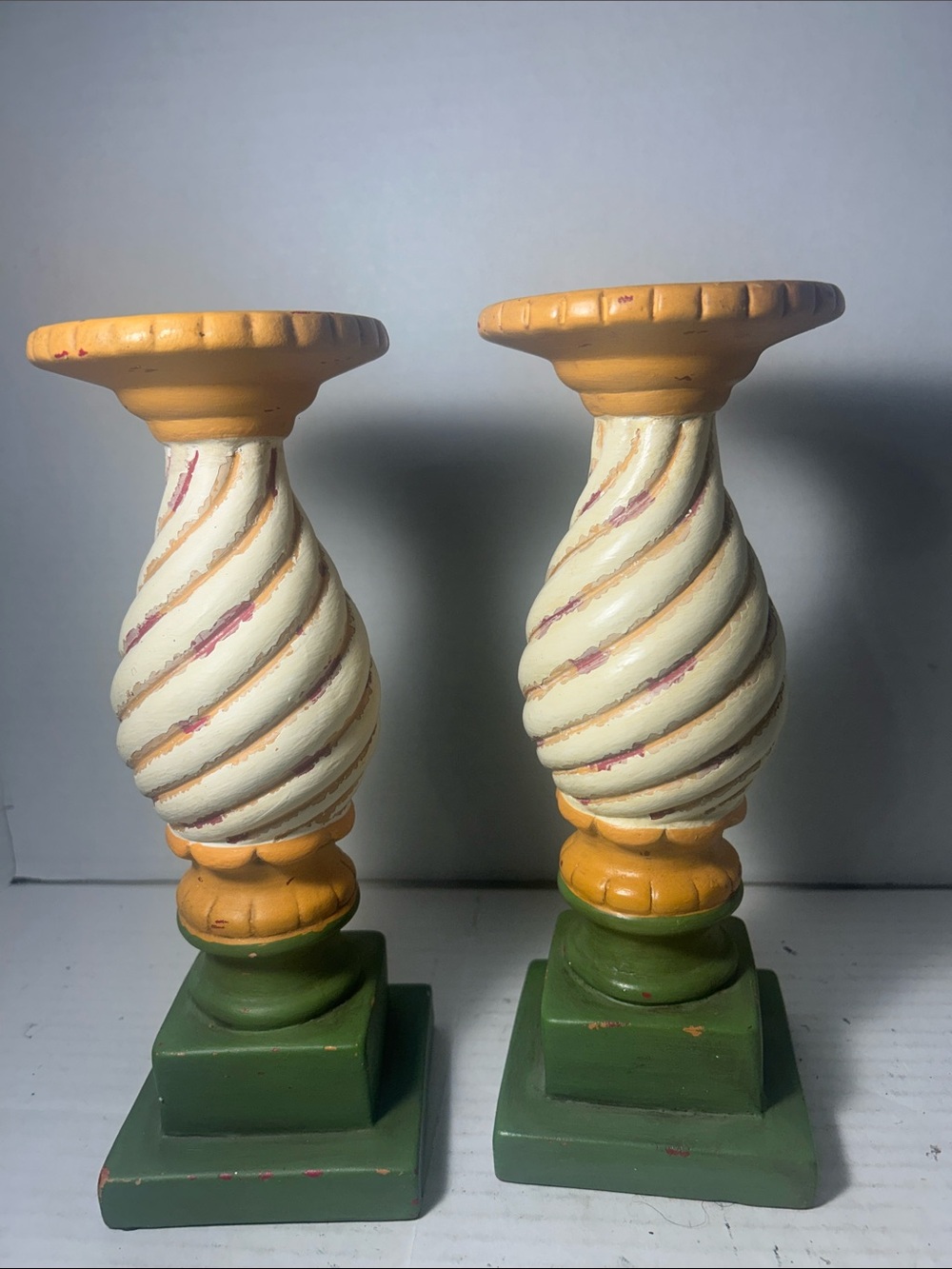 Decorative Spiral Column Candle Holders in Cream, Mustard & Green - Set of 2